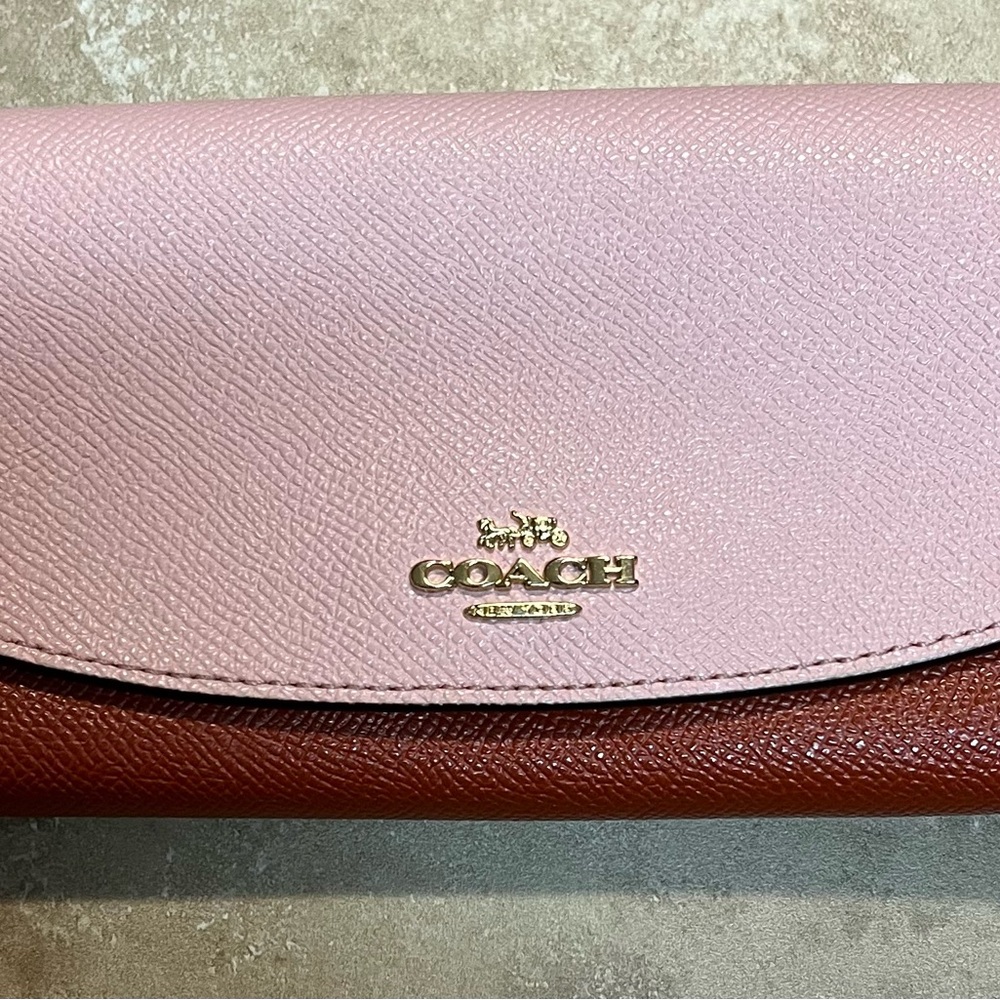 Coach Two-Tone Pink and Brown Leather Continental Wallet with Gold Logo